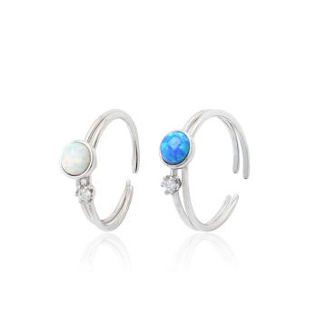 Round Blue Opal 925 Silver White CZ Rings